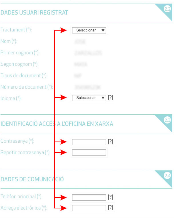 Emplena les dades d'usuari, les dades d'accés a l'Oficina en Xarxa i les dades de comunicació; tria si vols rebre la Factura sense Paper i accepta les condicions d'ús