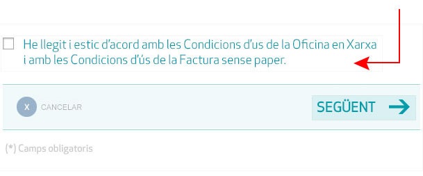 Emplena les dades d'usuari, les dades d'accés a l'Oficina en Xarxa i les dades de comunicació; tria si vols rebre la Factura sense Paper i accepta les condicions d'ús