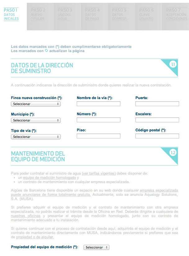 Cumplimenta los datos de la dirección de suministro (finca nueva, nombre de la vía, municipio, código postal...) y mantenimiento del equipo de medición (compra o alquiler)