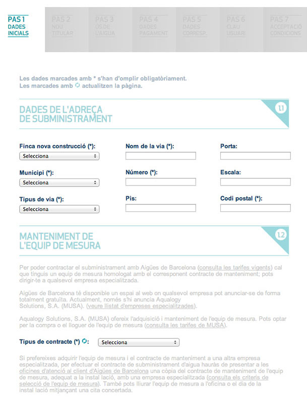 Emplena les dades de l'adreça de subministrament (finca nova, nom de la via, municipi, codi postal...) i manteniment de l'equip de mesura (compra o lloguer)