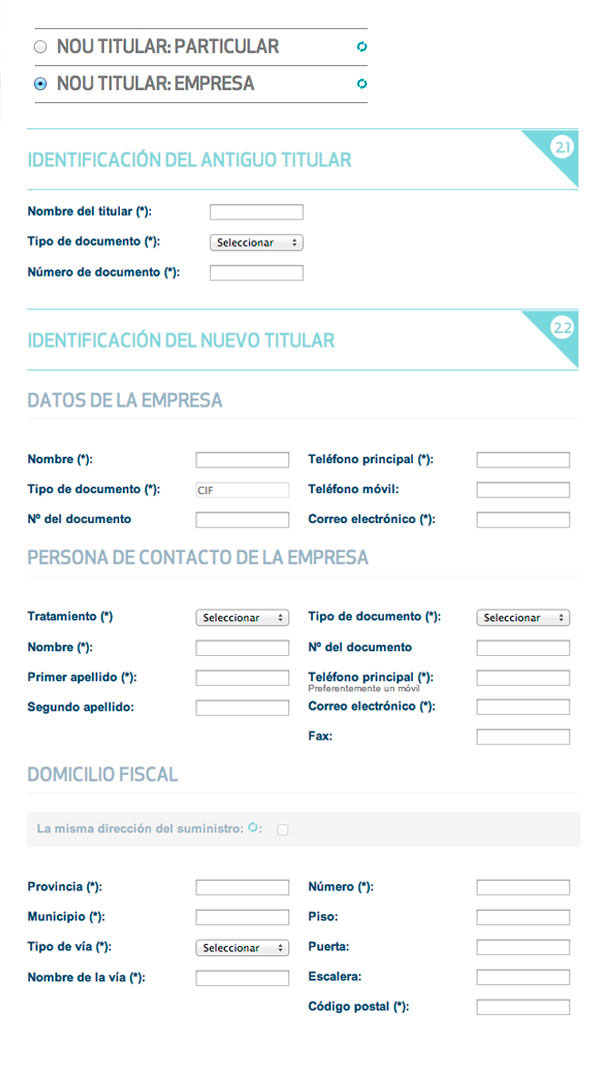 Cumplimenta los datos identificativos del antiguo y del nuevo titular (particular o empresa)