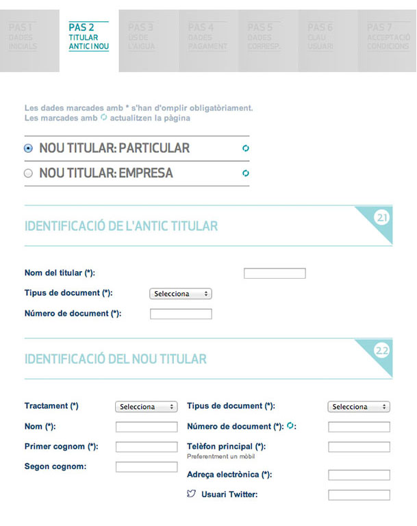 Emplena les dades identificatives del titular antic i del nou (particular o empresa)