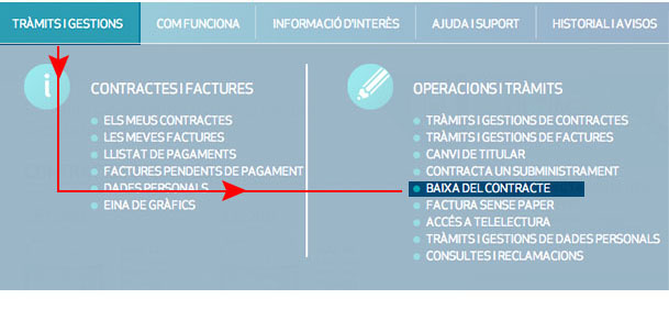 Fes clic a Tràmits i gestions i selecciona Baixa del contracte