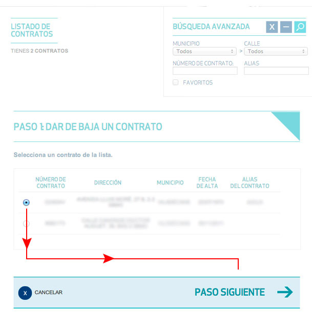 Busca y selecciona el contrato y confirma la petición