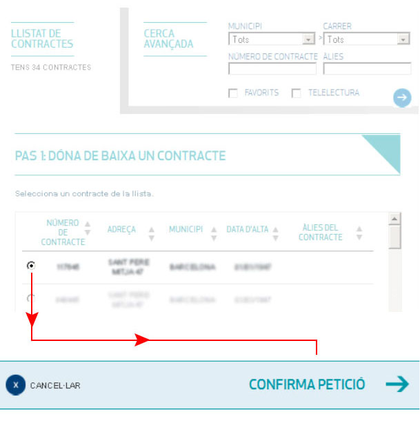 Cerca i selecciona el contracte i confirma la petició