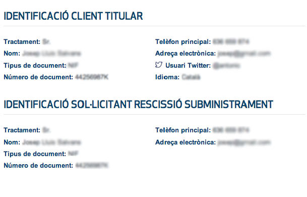 Identificació del titular i del sol·licitant de la rescissió