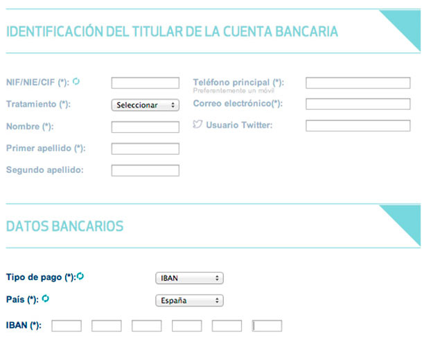 Cumplimenta los datos del titular de la cuenta bancaria, los datos bancarios, y confirma la petición