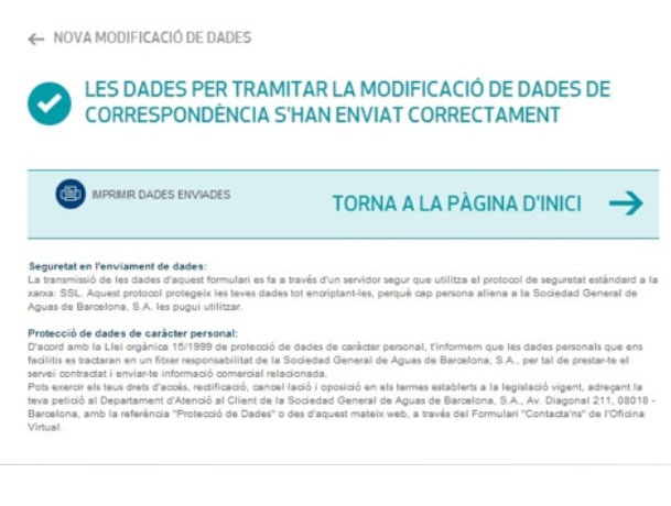 Los datos para tramitar la modificación de datos de correspondencia se han enviado correctamente